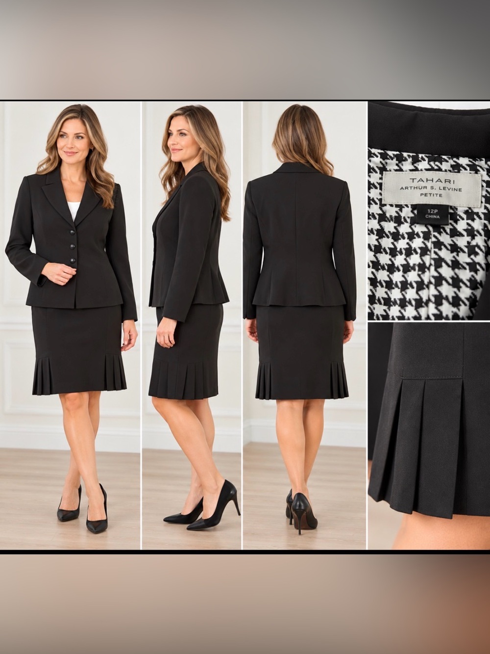 Tahari Arthur S. Levine Petite 12P Black Blazer & Pleated Skirt Suit Set